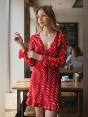 MISSGUIDED Red White Polka Dot Mini Bodycon Swing Dress Long Sleeve